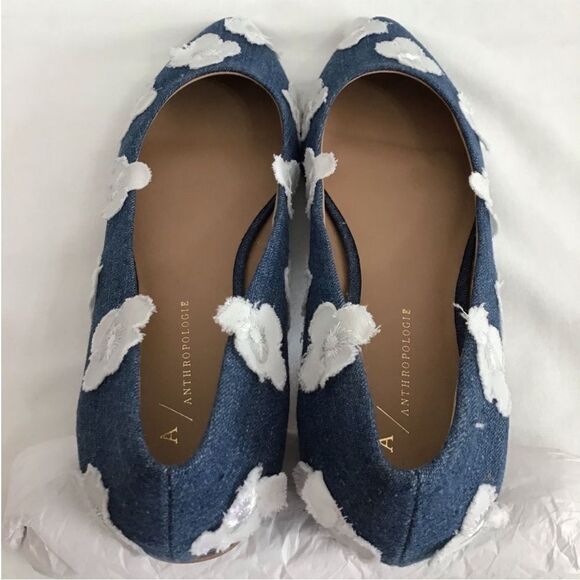 Anthropologie Denim Floral Appliqué Point Toe Ballet Flat Shoes Jean Size 8 1/2 - Picture 11 of 13